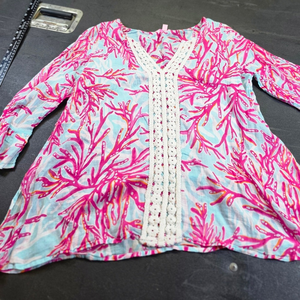 Lilly Pulitzer XL Pink Blue Coral Reef Print Cotton Tunic Crochet Lace Trim Top